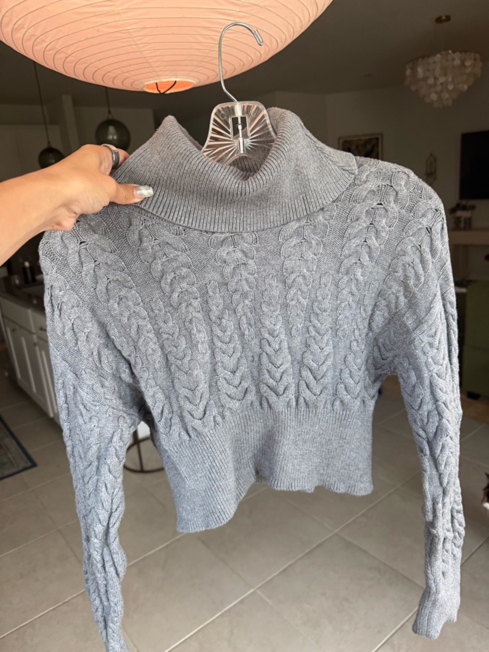Carbon38 Gray Cable-Knit Turtleneck Cropped Sweater